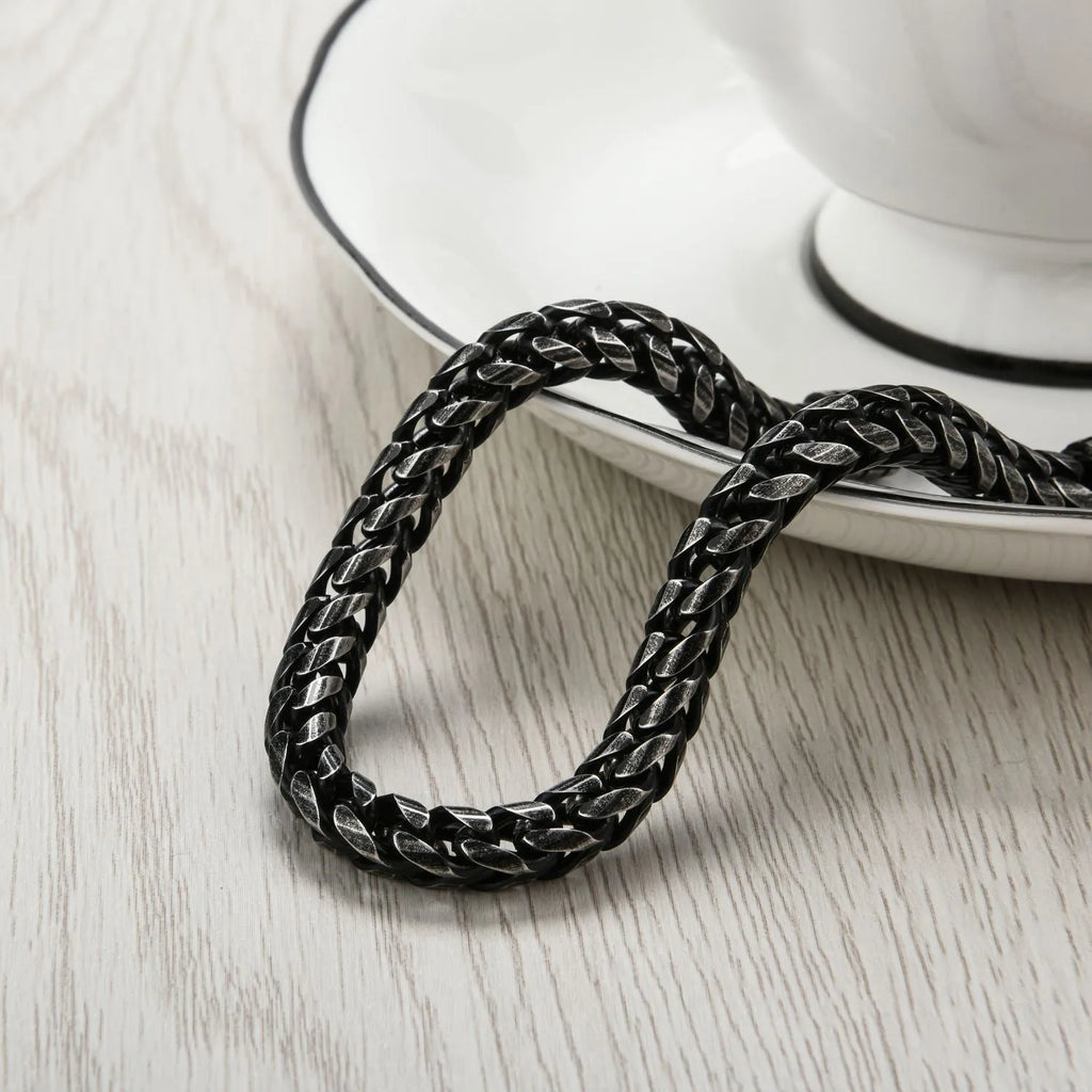Custom stainless steel vintage mens bracelet with retro colour finish, 22.3 cm length, 30 g weight, on neutral background