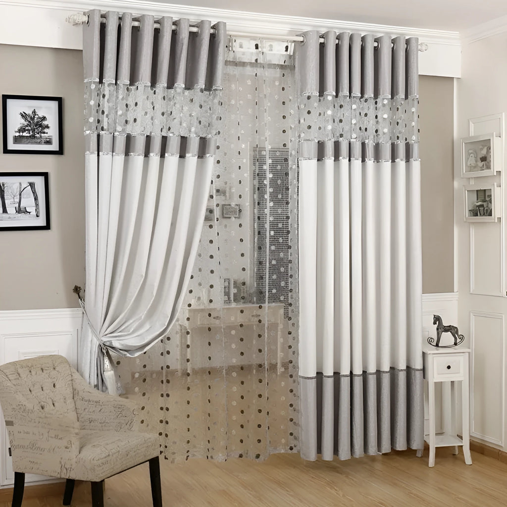 Single blackout curtain panel showing choice of hook and ring header styles on a rail.