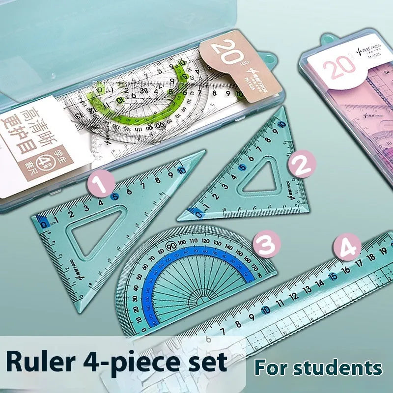 Transparent acrylic ruler set with square protractor for geometry and drafting projects