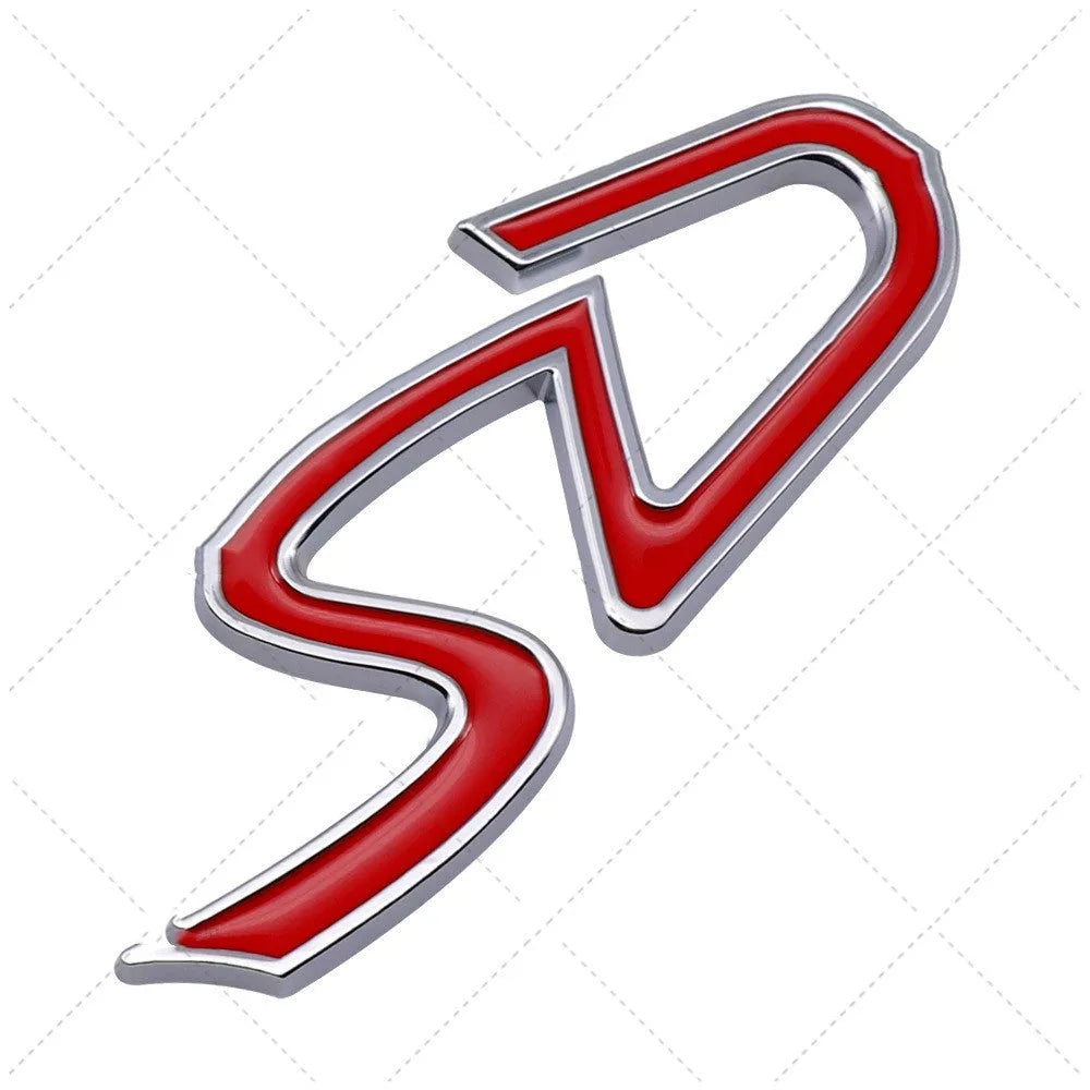Metal car bumper sticker showing SD geometric pattern in red and silver colours.