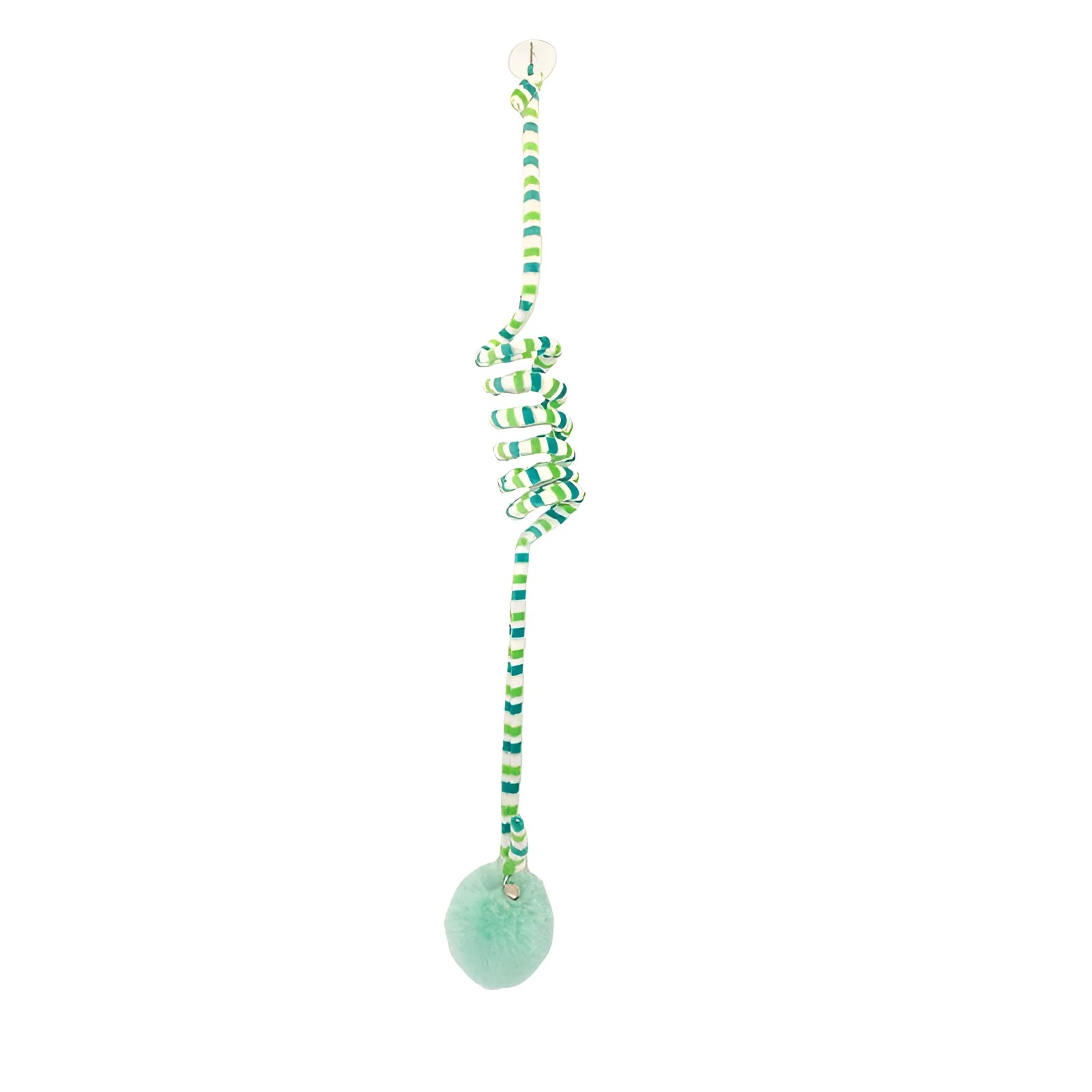 Blue inflatable ball on a spring attached to a plastic handle with suction cup, a cat toy for kittens
