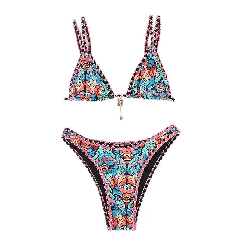 Women's retro four-colour printed polyester bikini set with European styling