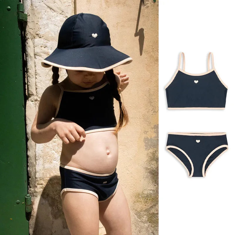 Dark blue split baby swimsuit for girls aged 1-6 years in briefs style