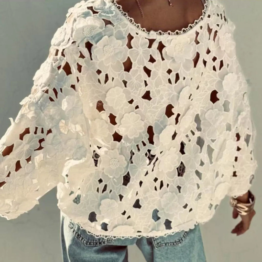 Women's polyester lace cardigan with three-dimensional floral decoration, V-neck, and long sleeves in black colour