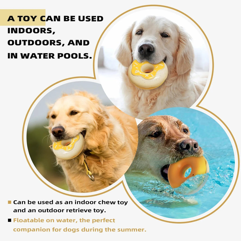 TPR donut-shaped dog toy for teeth cleaning with sound, in pink, yellow or chocolate colours