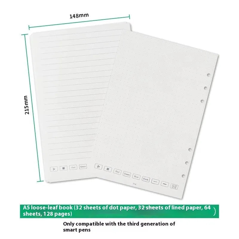 Loose spiral notebook core with 64 pages and three refill types for six-hole binder replacement