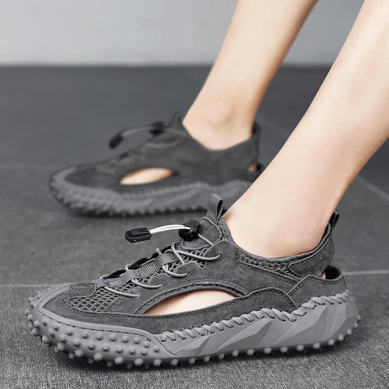 Men's black waterproof sports sandals with leather mesh upper and rubber sole