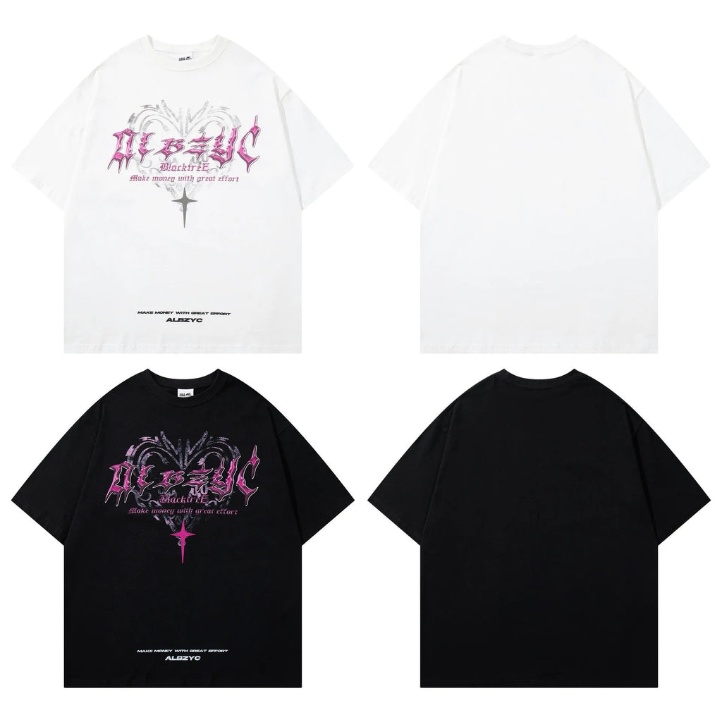 Men's loose fit cotton T-shirt with retro printed design in black or white