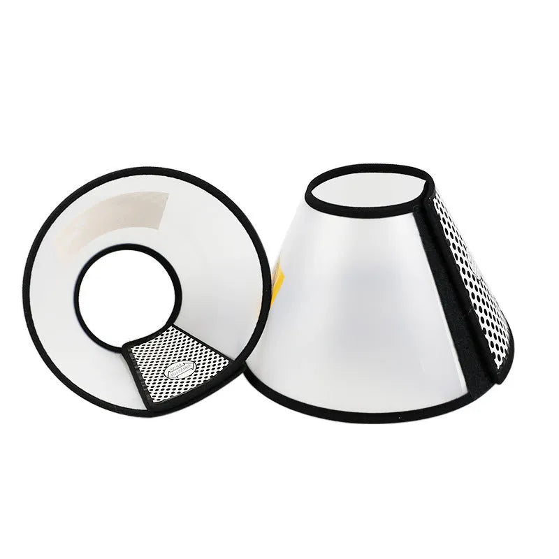 Transparent PP pet cleaning ring collar with adjustable Velcro, shown in size options for neck circumference 9-46cm.