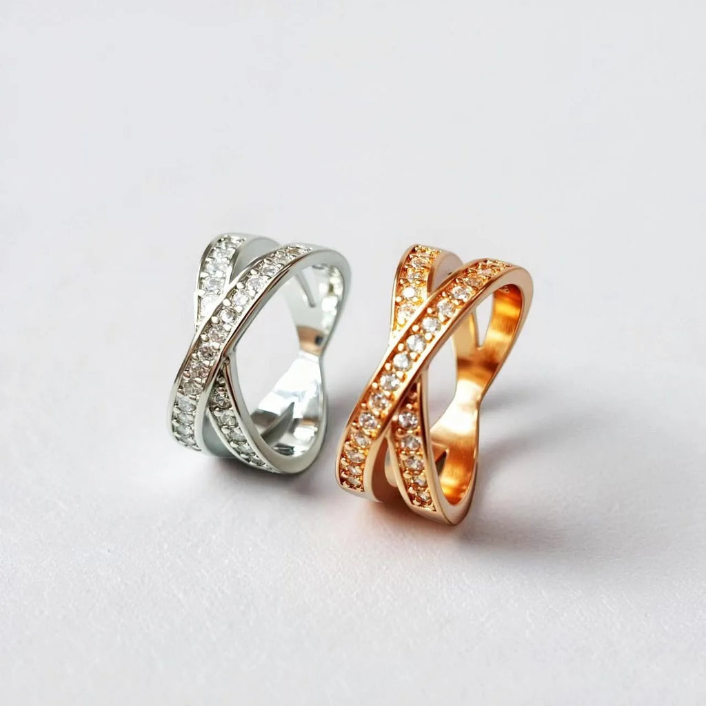 Geometric cross ring with heart design and micro-inlaid zircon on copper with electroplated finish