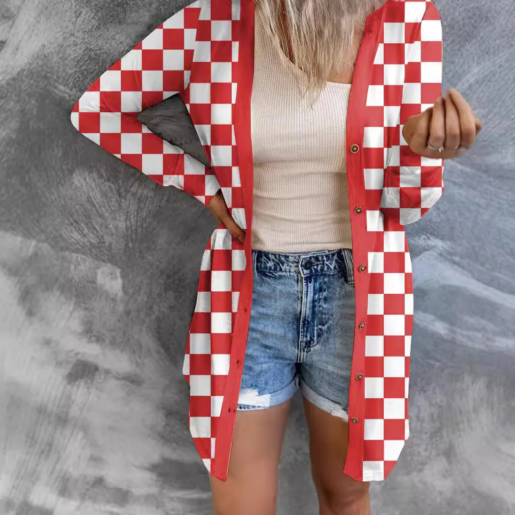 Women's long loose fit plaid cardigan coat in polyester, shown in available colours