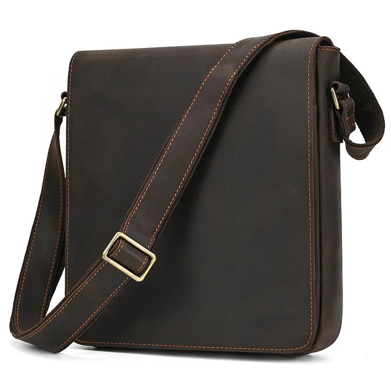 Men's brown leather crossbody bag with first layer cowhide and European retro styling