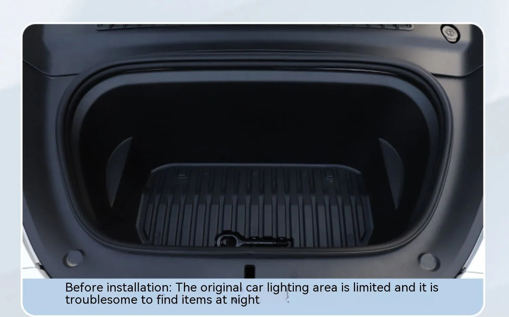 Tesla Model 3 Y front backup box ambience interior light kit with soft silicone bar in ice blue, pure white, and warm white