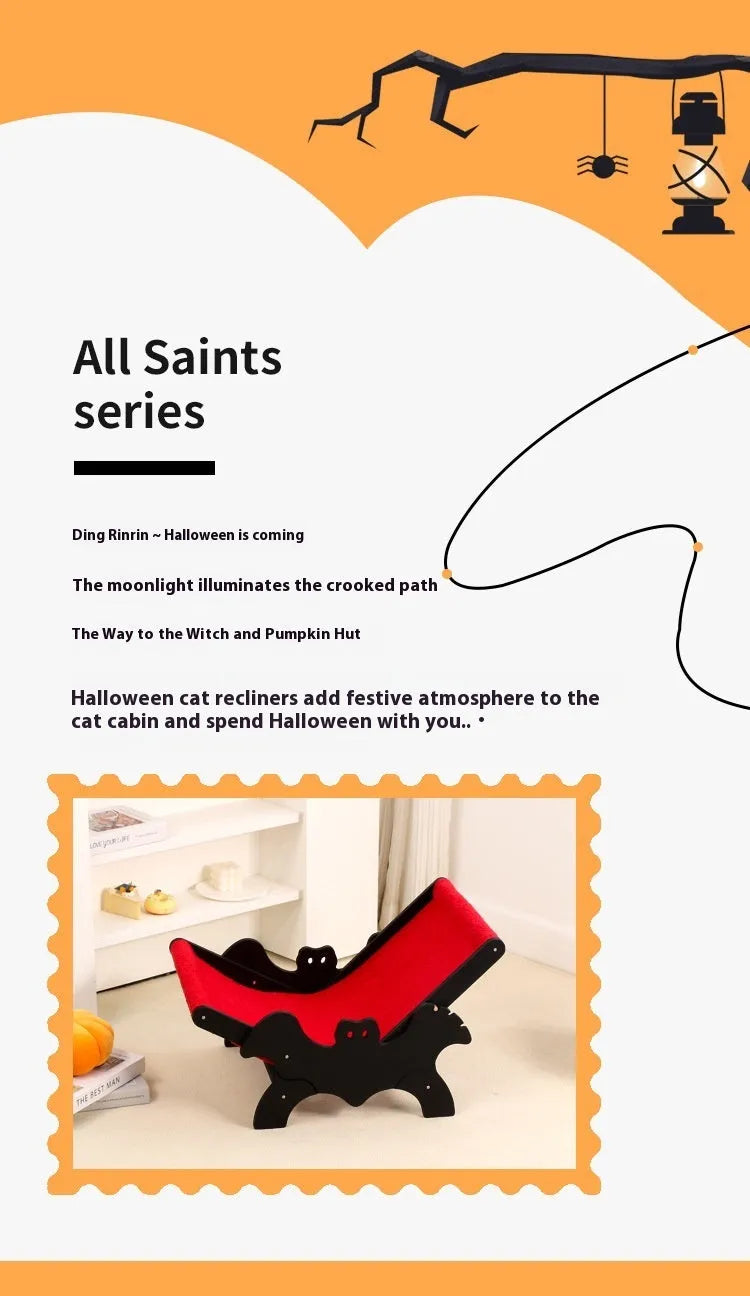 Black and red wooden cat lounge chair with bat-shaped decorative elements for Halloween themes