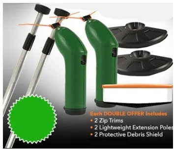 Cordless zip tie lawn trimmer with extension pole and protective debris shield on grass.