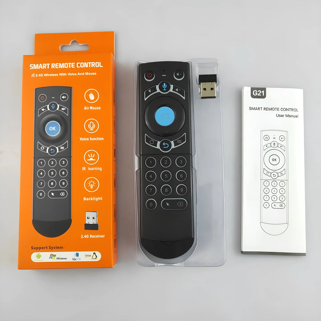 Black G21pro2.4G universal remote control with voice gyroscope for Android TV box projector, 162x42x17.6mm