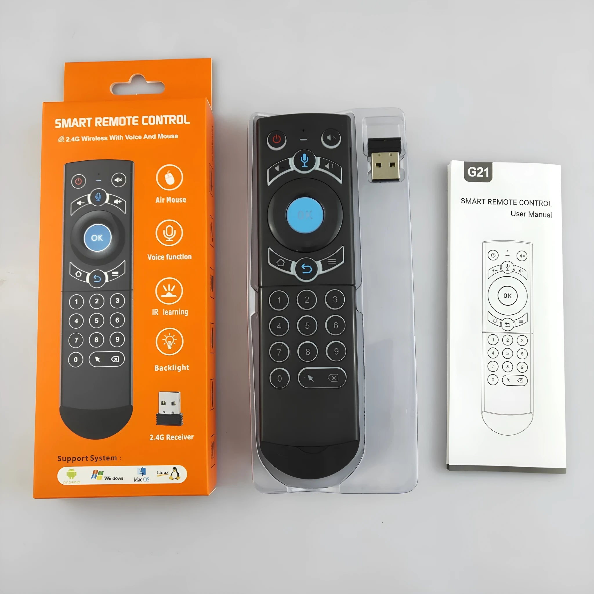 Black G21pro2.4G universal remote control with voice gyroscope for Android TV box projector, 162x42x17.6mm