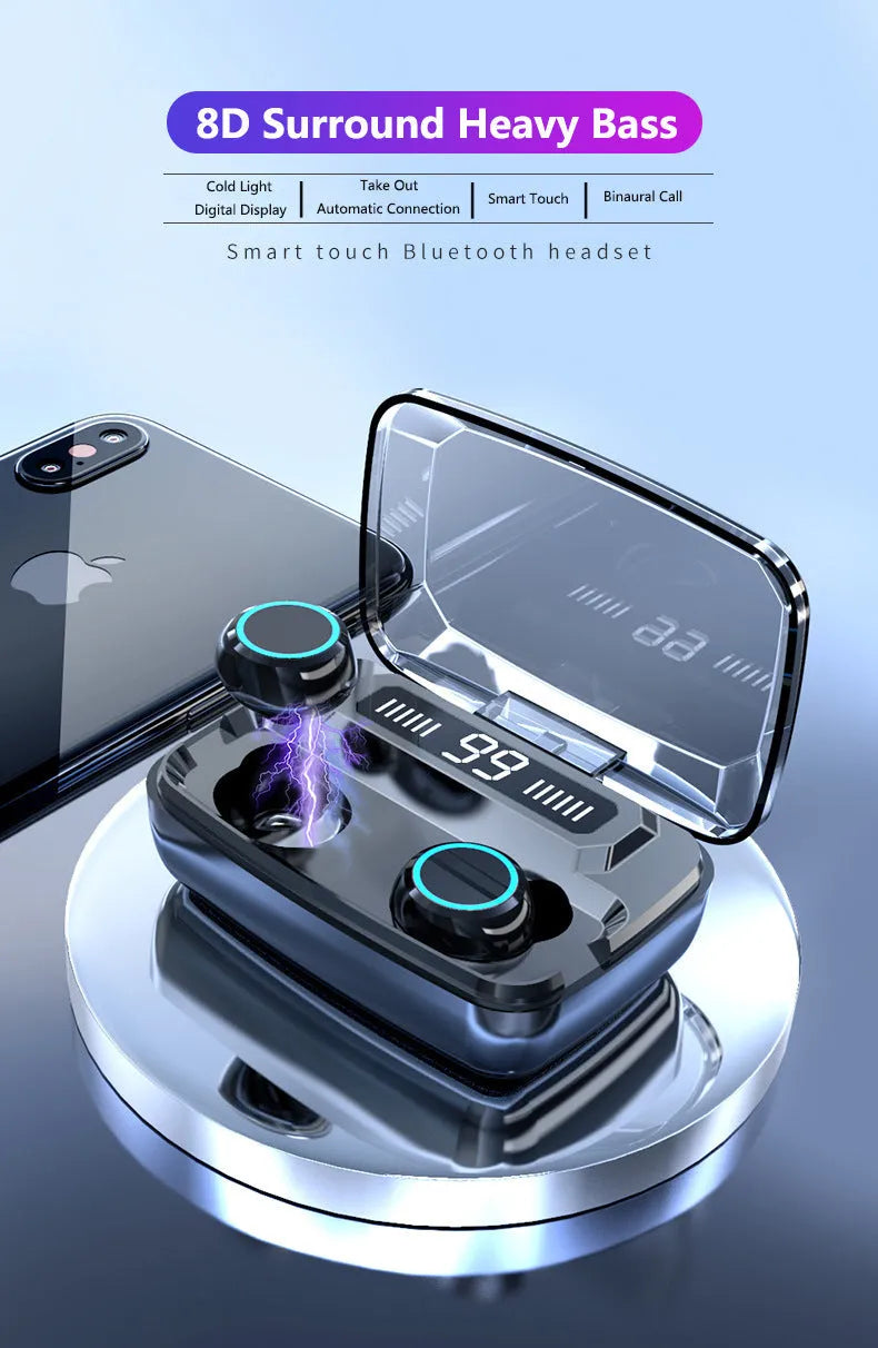 Black M11 style Bluetooth wireless headset with digital display and touch controls