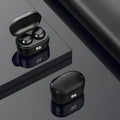 A black stereo Bluetooth headset with earbuds, showcasing its wireless design.