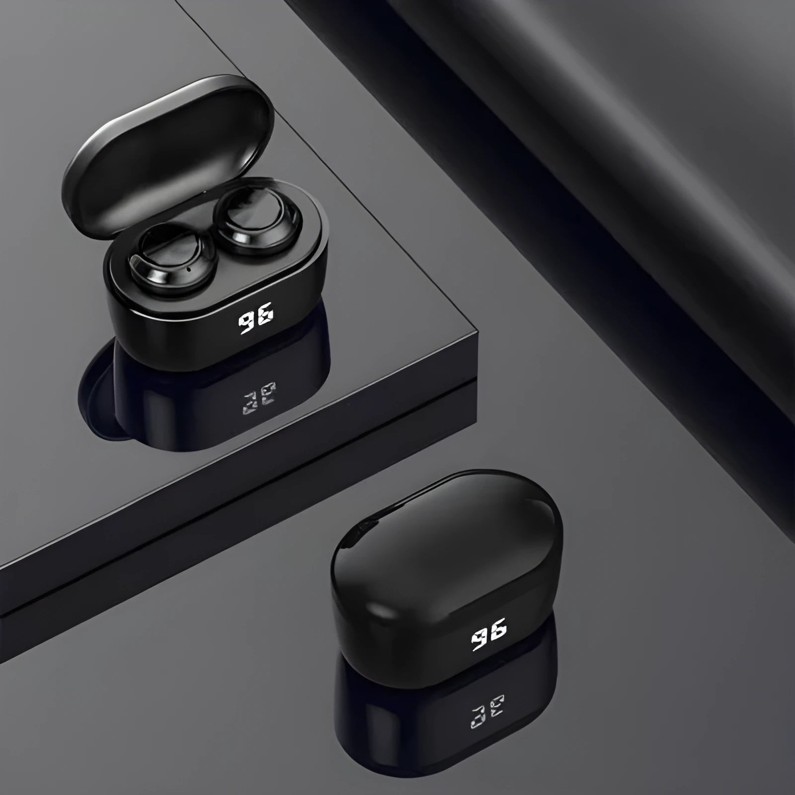 A black stereo Bluetooth headset with earbuds, showcasing its wireless design.