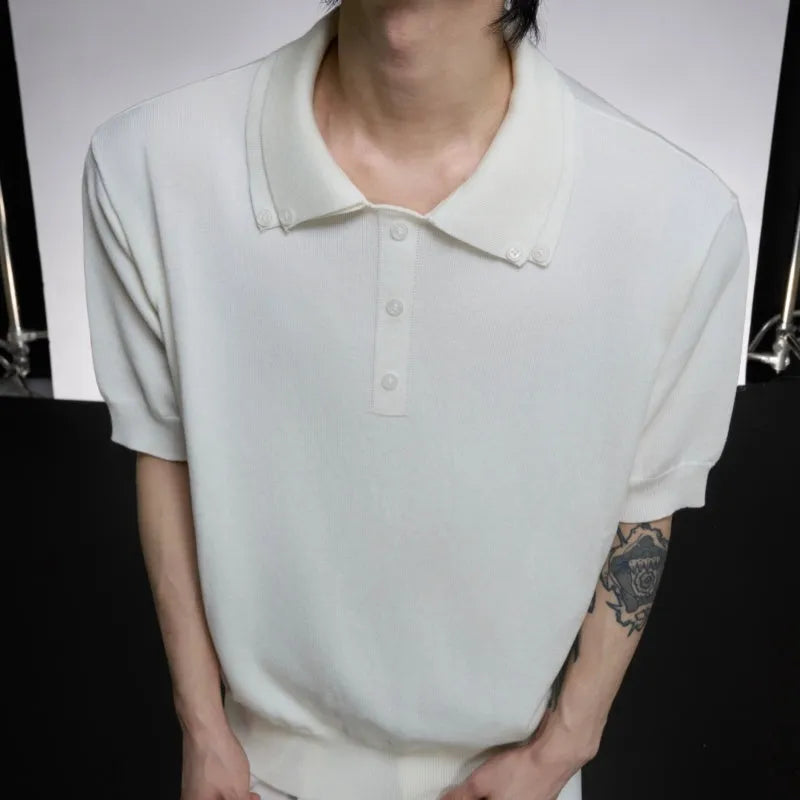 Men's black double collar polyester knit shirt with loose fit and short sleeves