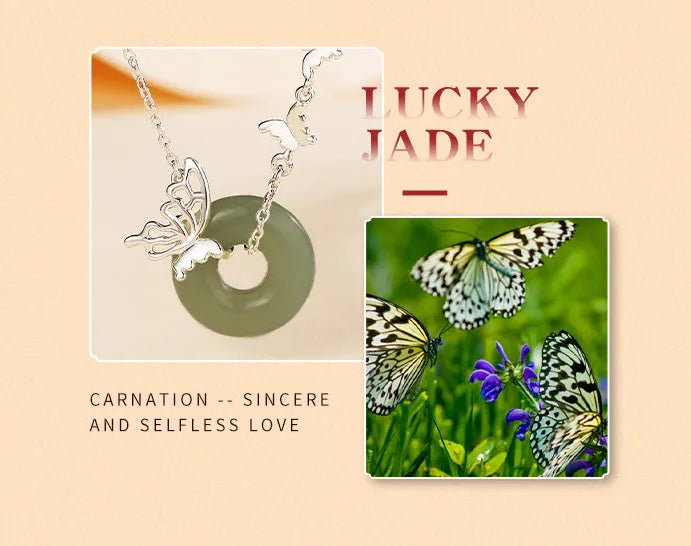 925 silver butterfly necklace with inlaid jade peace buckle on a chain, with matching bracelet