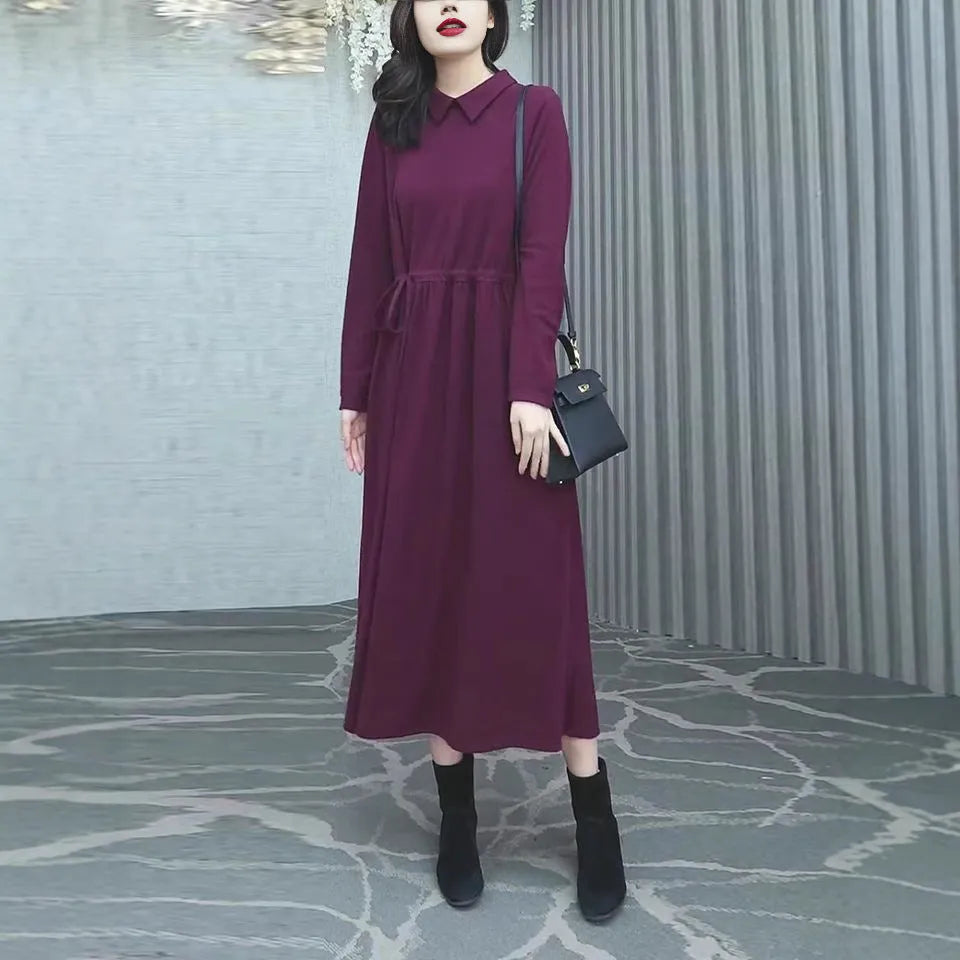 Women's purplish red long sleeve long skirt dress with extra long sleeves