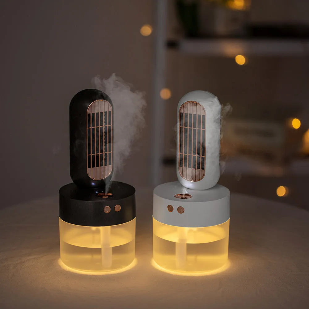 Small oscillating humidifier fan with USB rechargeable function, two-speed mechanical control, available in black