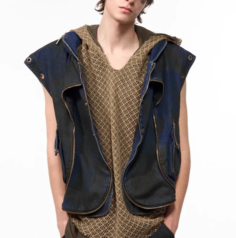 Blue hooded denim vest coat with matching trousers, men's Korean-style outfit set