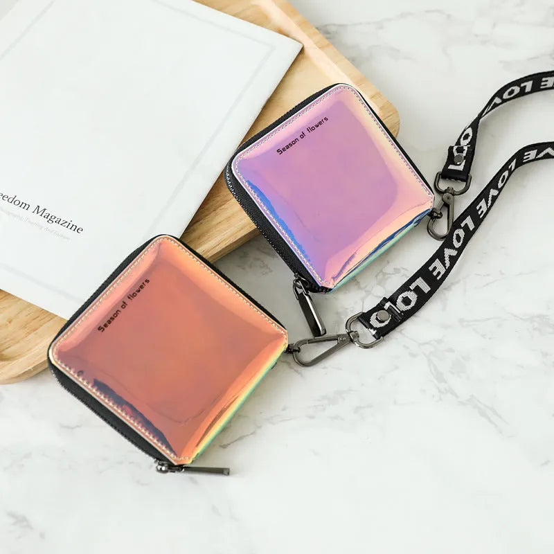 Short square bifold women's wallet in PU leather, shown in Magic Nail Glitter, Crystal Blue, and Symphony Green colours.