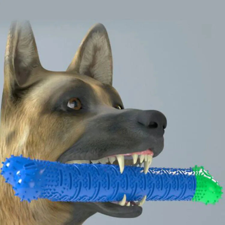 Blue-green silicone dog dental chew toy with serrated brush head and gum massage nodules