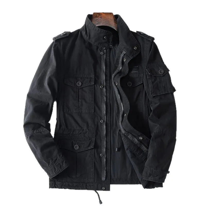 Men's loose retro-style cotton jacket in light brown, zip-up front, casual fit