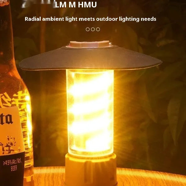 Camping lamp in khaki or army green with USB charging, 3W LED light source, plastic and aluminium alloy body, 125x45cm.