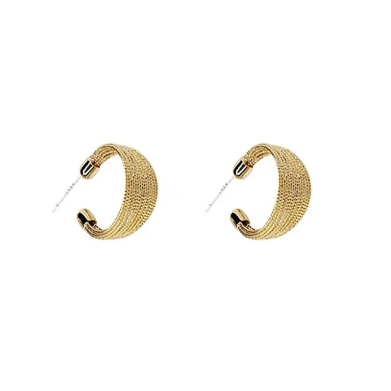 Multi-layer geometric copper earrings with electroplated gold or silver finishes, available as stud or clip styles