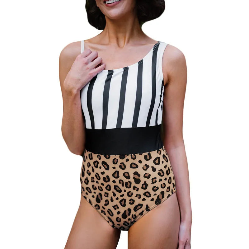 Leopard print women's one-piece swimsuit with asymmetric collar and high-waisted design