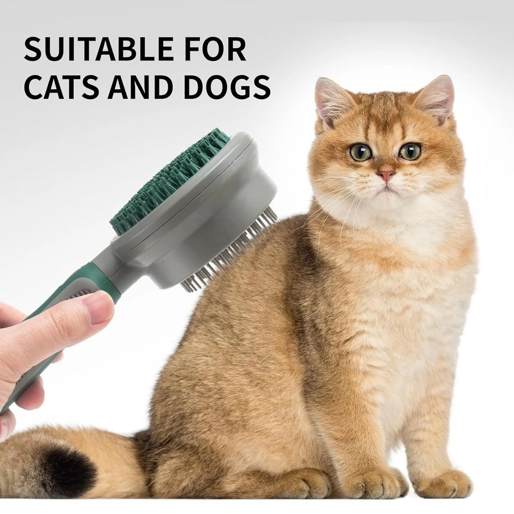 Green and pink dual-sided pet grooming brush with slicker brush and silicone massage pins