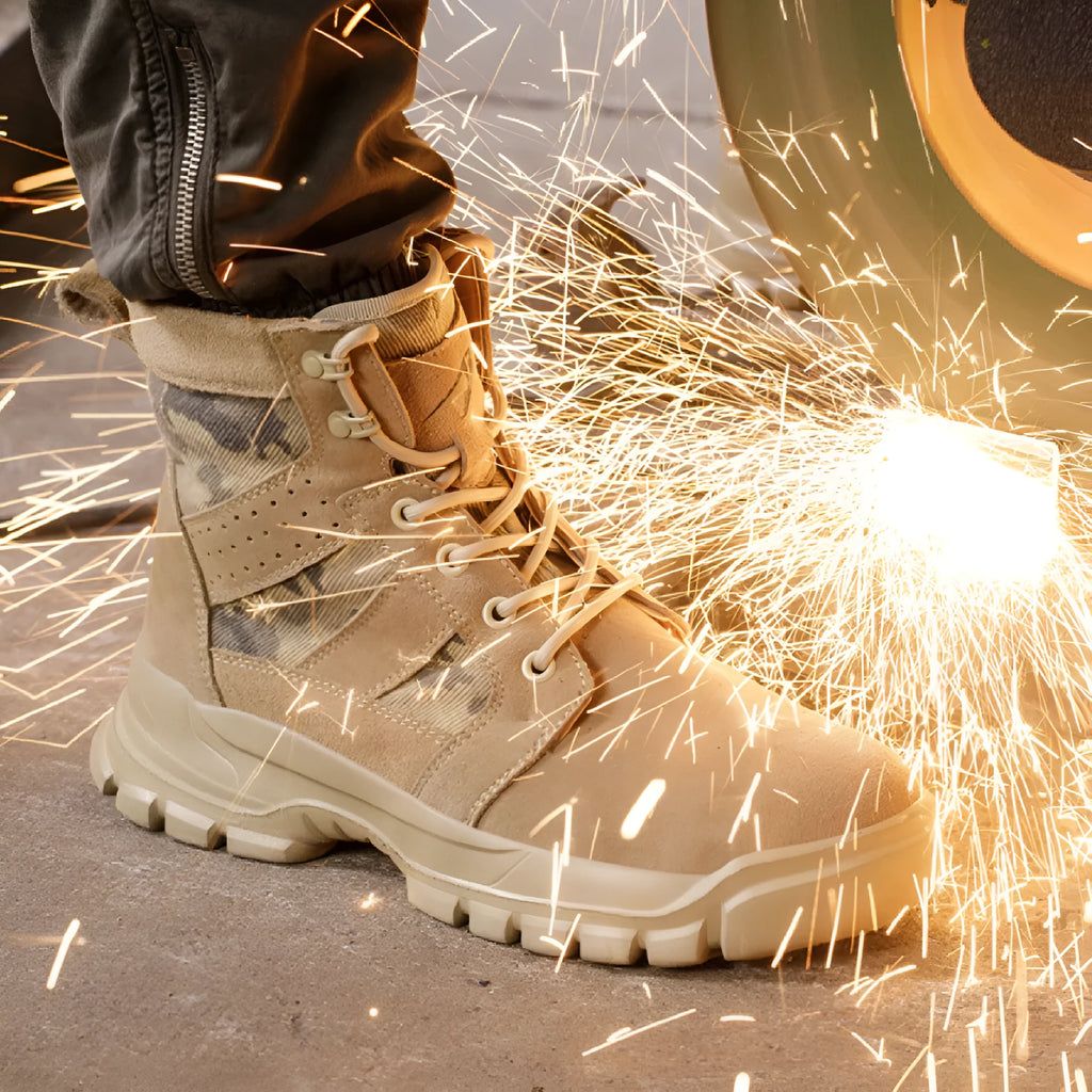Khaki suede high-top safety boots with steel toe cap and front lace-up closure