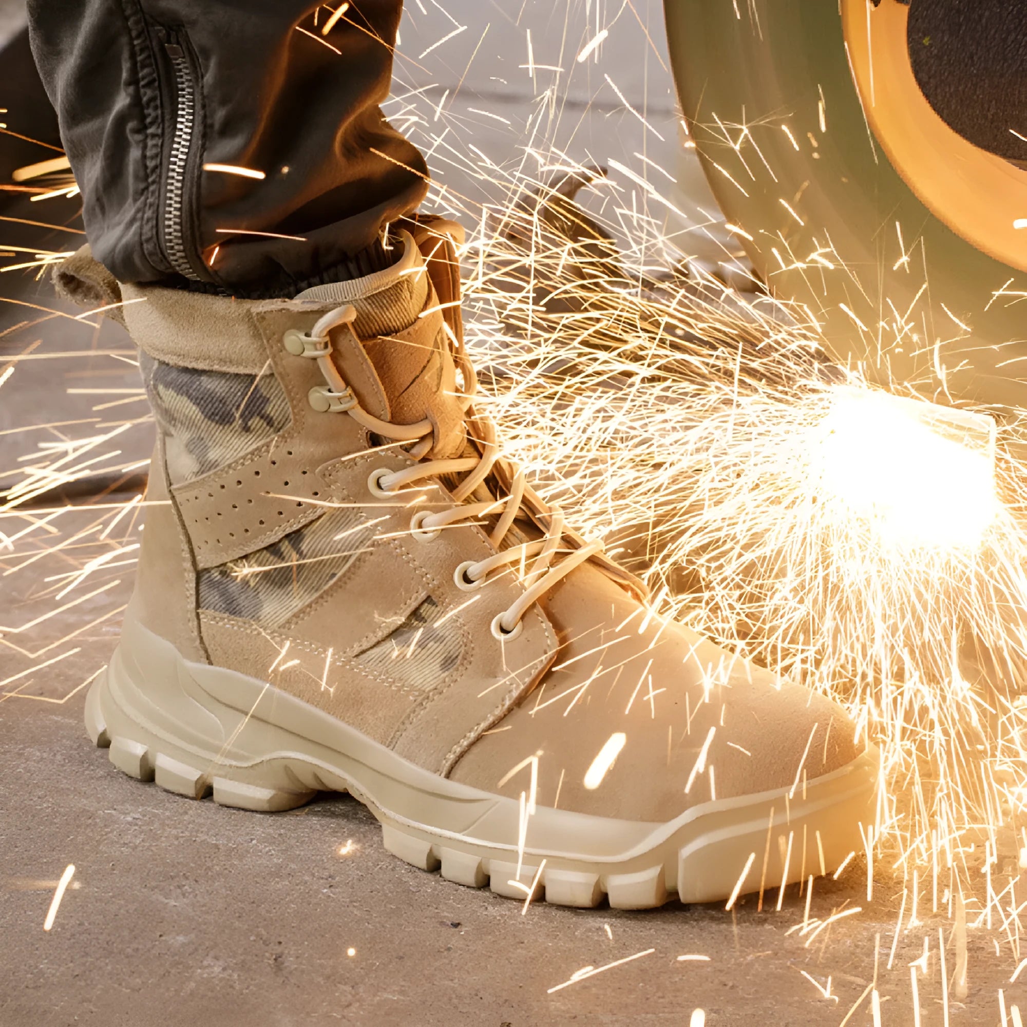 Khaki suede high-top safety boots with steel toe cap and front lace-up closure