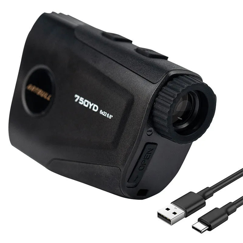 Golf laser rangefinder with LCD display showing distance measurement, USB Type-C charging port visible