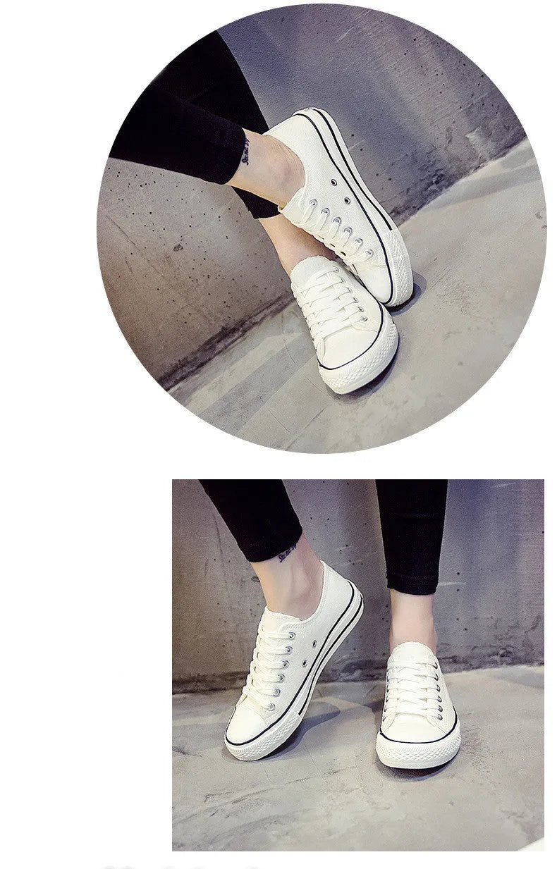 Women's casual canvas shoes in solid colours on a flat sole, showing lace-up fastening.