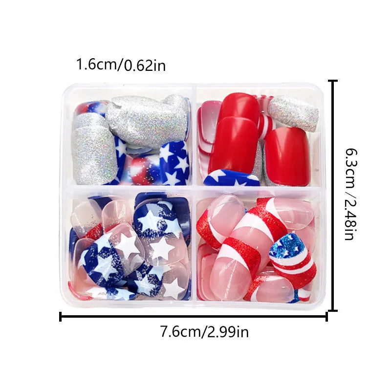 False nails set with red, white, and blue star pattern for Independence Day in European square shape
