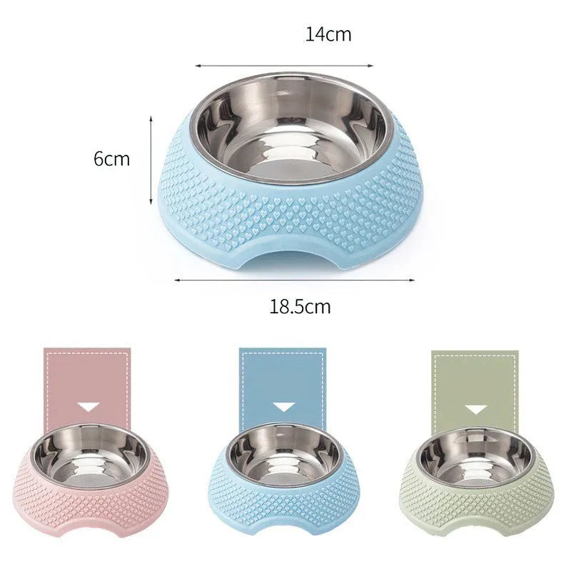 Stainless steel pet bowl with non-slip base in blue, green, or pink options, 19cm diameter