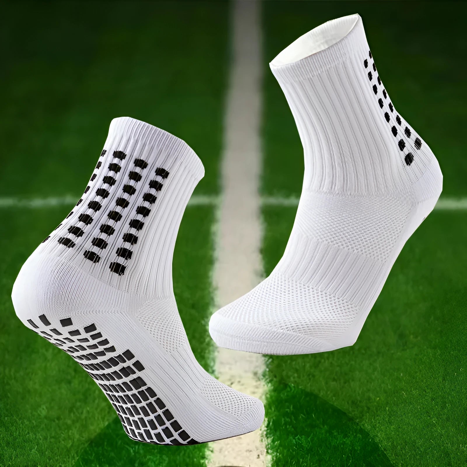 Breathable basketball socks with non-slip rubber stud sole in mid-calf length on court background