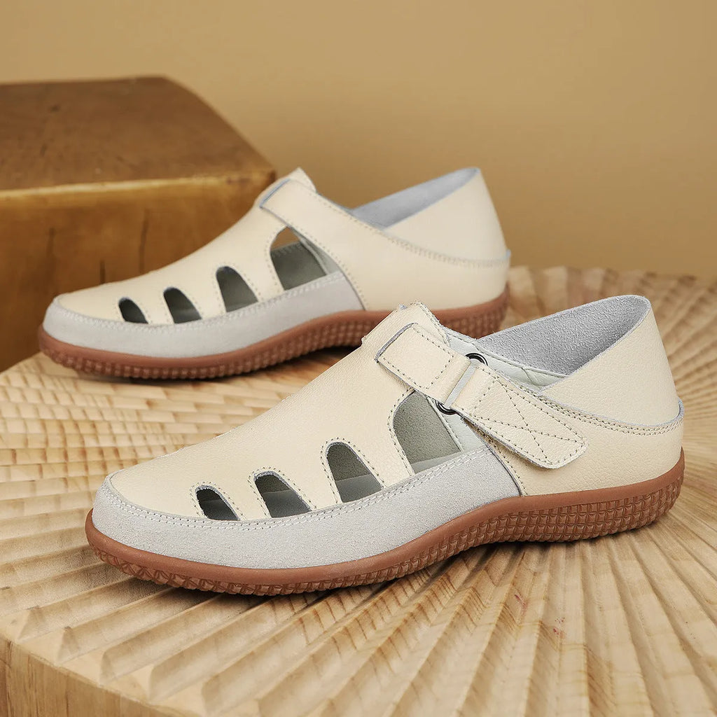 Women's plus size flat heel sandals with toe cap and hollow breathable design in blue colour