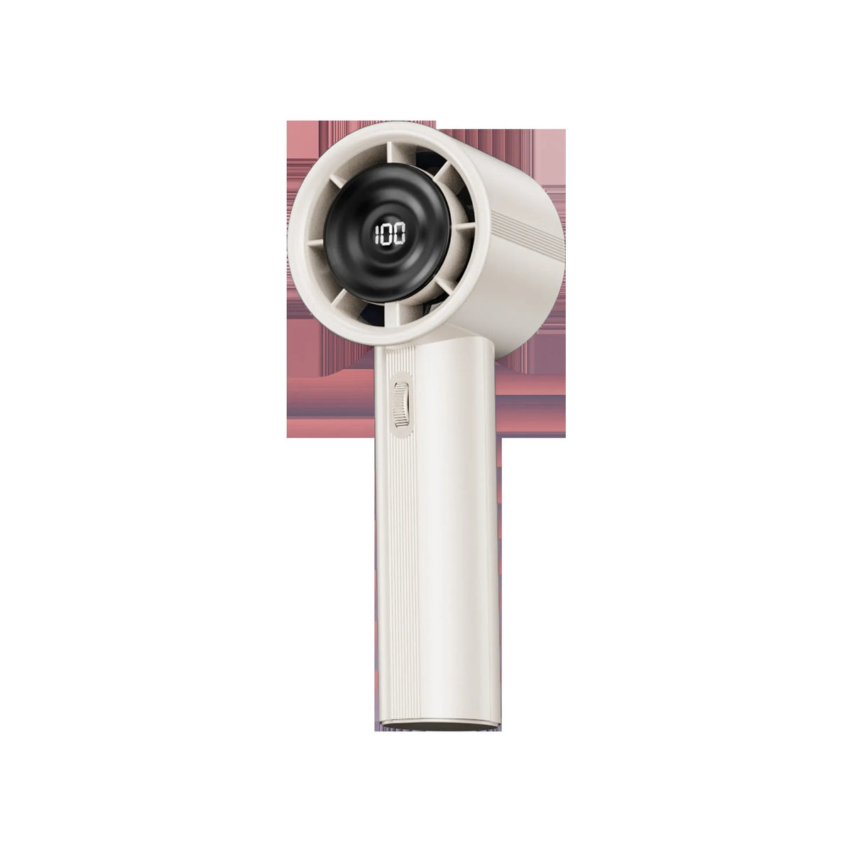 Portable USB rechargeable handheld fan in white with plastic blades and knob control