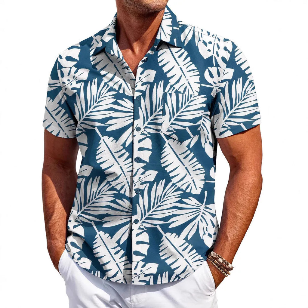 Men's slim fit Hawaiian short sleeve shirt in elastic polyester fabric for summer wear
