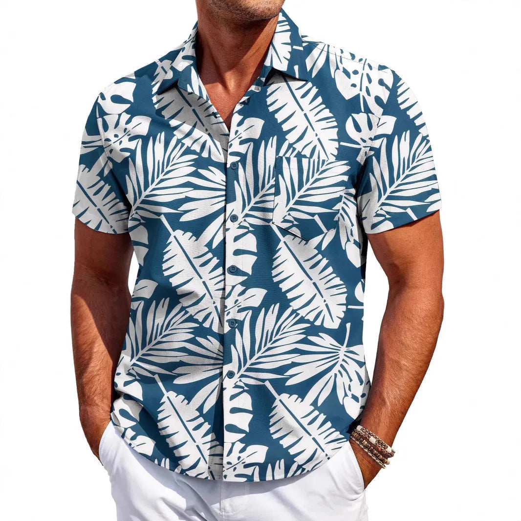 Men's slim fit Hawaiian short sleeve shirt in elastic polyester fabric for summer wear