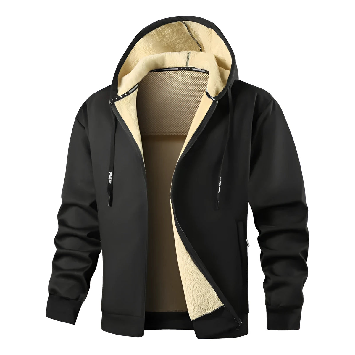 Men's hooded fleece-lined sweatshirt in black with side pockets, loose fit for casual winter wear