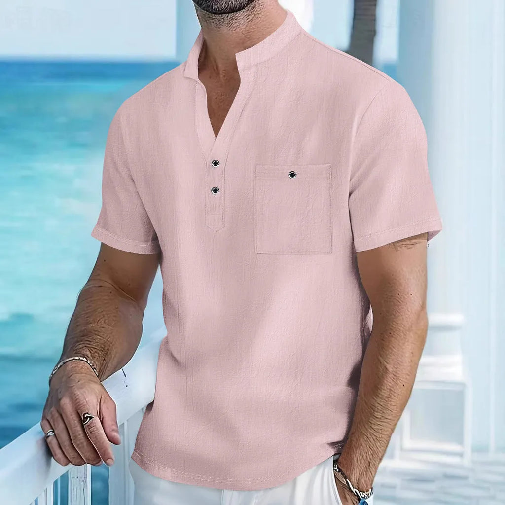 Men's light blue linen stand collar short sleeve t-shirt on a hanger