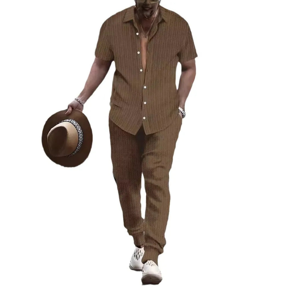 Men's casual loose short sleeve shirt and trouser beach suit in cotton blend, available in multiple colours